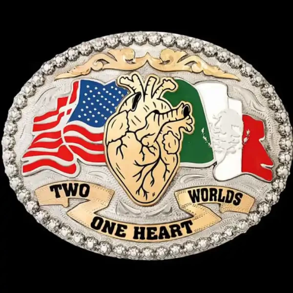 "One Heart, One Buckle – Crafted for Western Flair.  Our Presidio Belt Buckle is designed on a German Silver base with a berry edge, a Jeweler's Bronze scroll overlay, and a banner. The example logo on this buckle makes a bold, colorful statement. Pe
